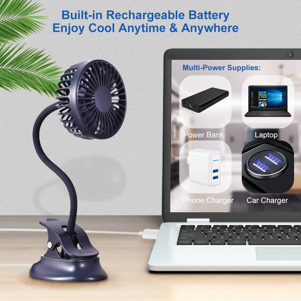 Mikikin Clip on Small Mini Fan, Portable Usb Battery Operated Rechargeable Quiet Personal Desk/ Baby Stroller Fan 3 Speeds Flexible Neck Great for Bed Office Car Dorm Travel Camping Beach