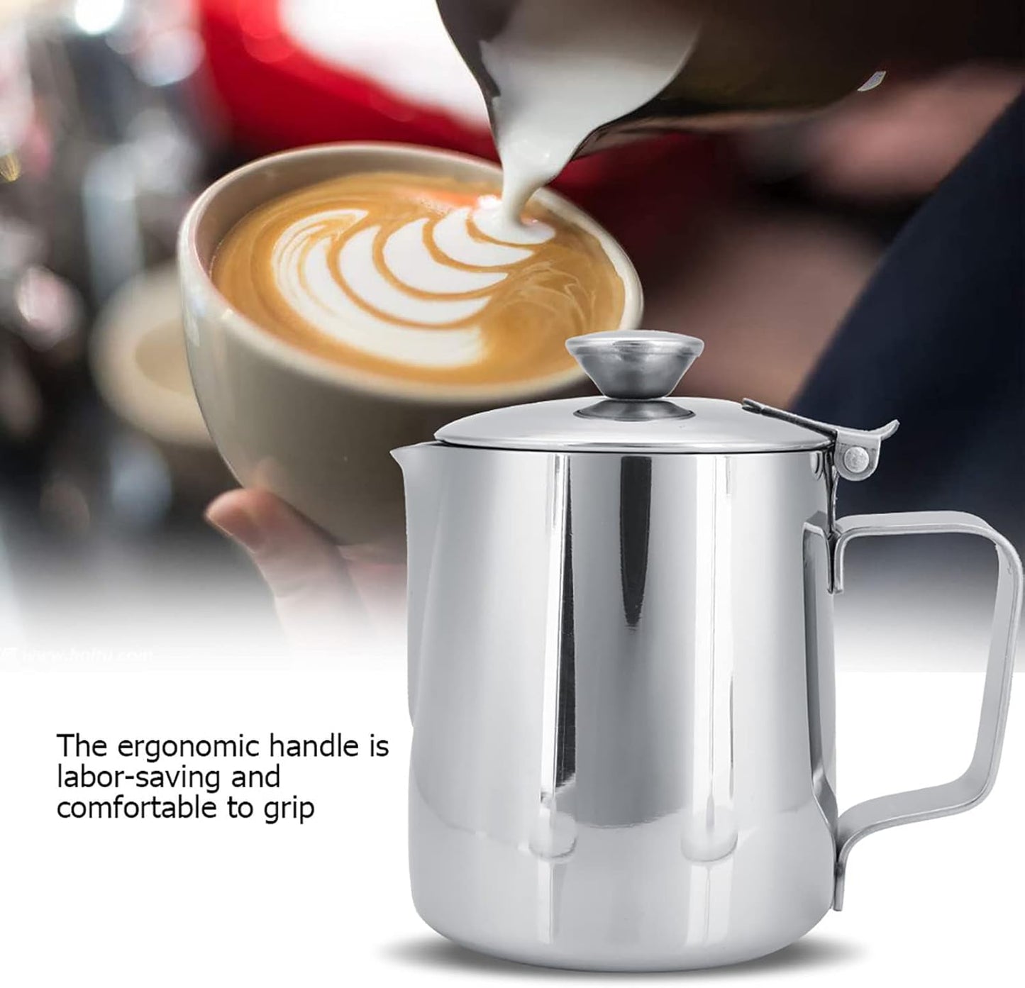 Milk Frothing Pitcher - Stainless Steel Coffee Cup Mug with Lid and Handle for Latte Art, Silver (1500ML)