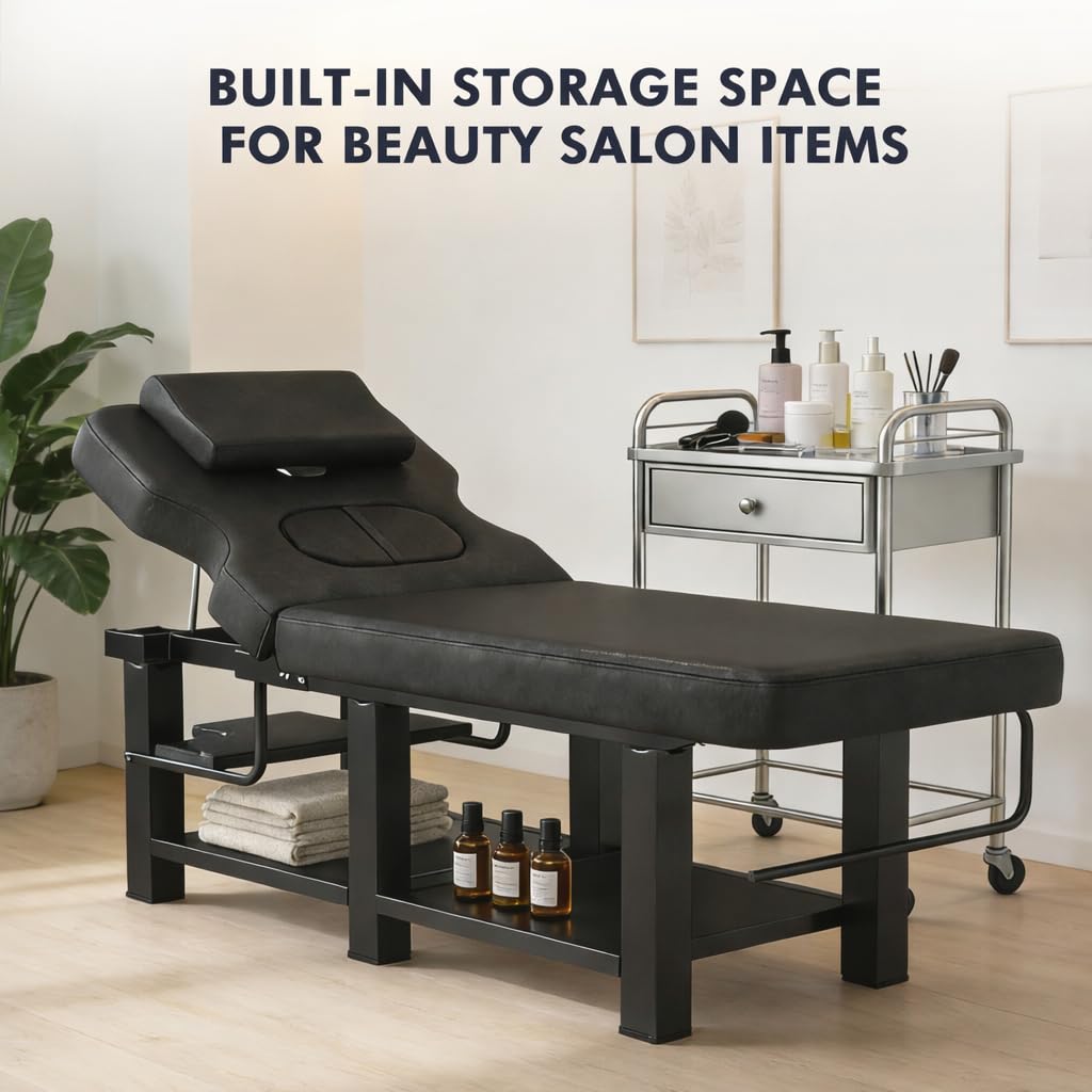 Heavy Duty Stationary Massage Table with Adjustable Backrest, Wide Spa Facial Bed with Metal Frame & PU Leather, Professional Massage Therapy Bed for Spa Salon Tattoo Physical Therapy Clinic (Black)