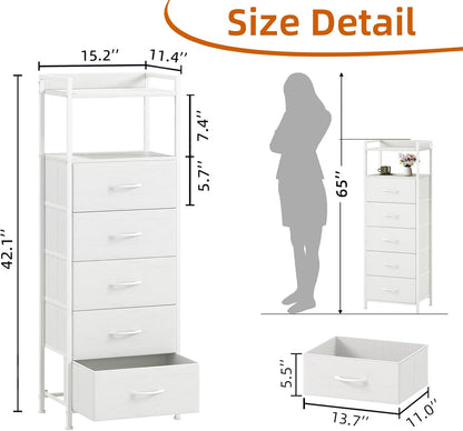 Somdot Tall Dresser - 5-Drawer Vertical Storage Tower Unit for Bedroom & Kids Room - White Leather