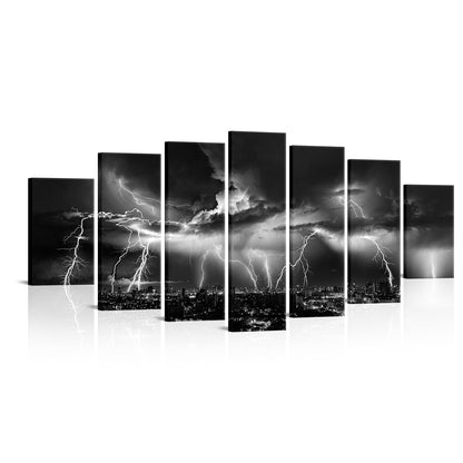 Biuteawal Large 7 Piece Black and White Wall Art Lightning Strikes Painting on Canvas Storm Cityscape Picture Print Nature and City Artwork for Home Office Bedroom Decoration