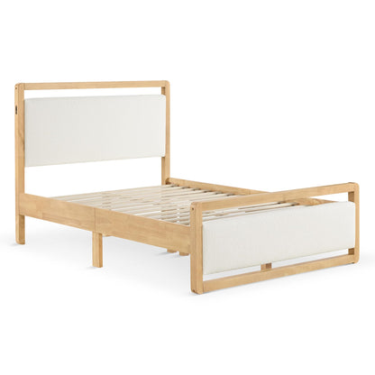 KISLOT Queen Wood Platform Bed Frame with Boucle Upholstered Headboard, Mid-Century Modern Bed with USB Charging Station, Solid Wood Slat Support, Noise-Free, No Box Spring Needed, Natural