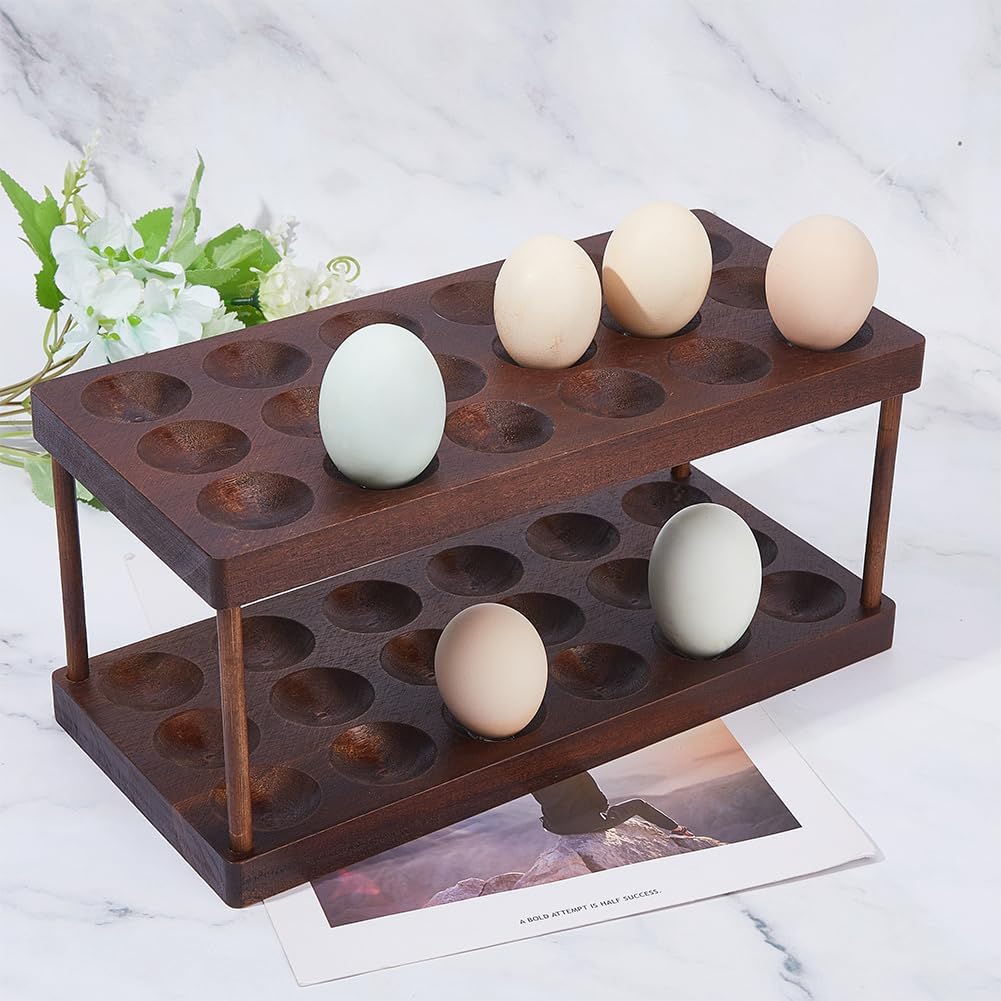 SUPERFINDINGS Wooden Egg Container Rack - 2 Tier Egg Storage Display Rack, Holds Egg Container, Countertop Organizer