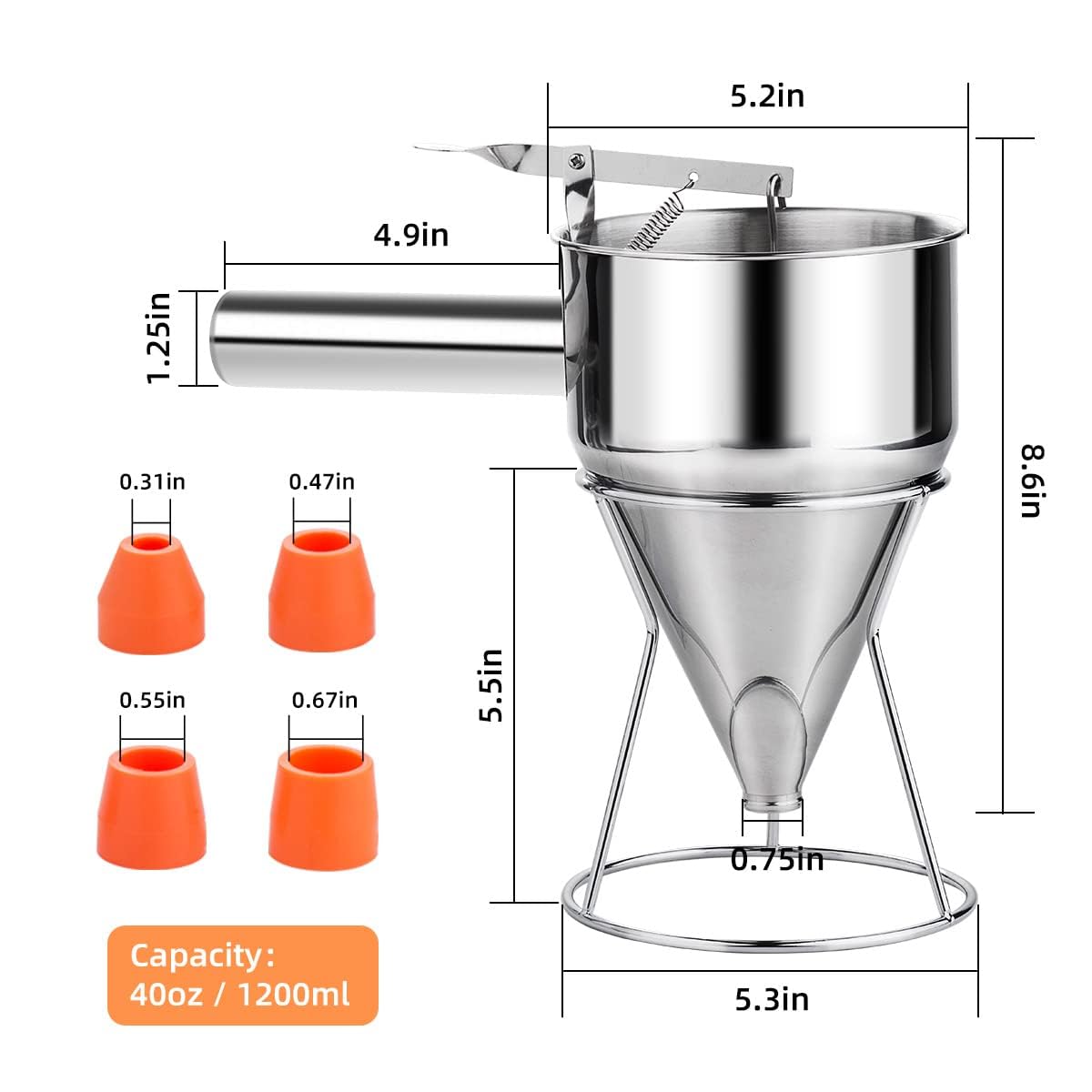 Shoxil 20oz Pancake Batter Dispenser, Multi-Caliber Stainless Steel Funnel Cake Dispenser with Stand Great for Pancakes, Cupcakes or Any Baked Goods