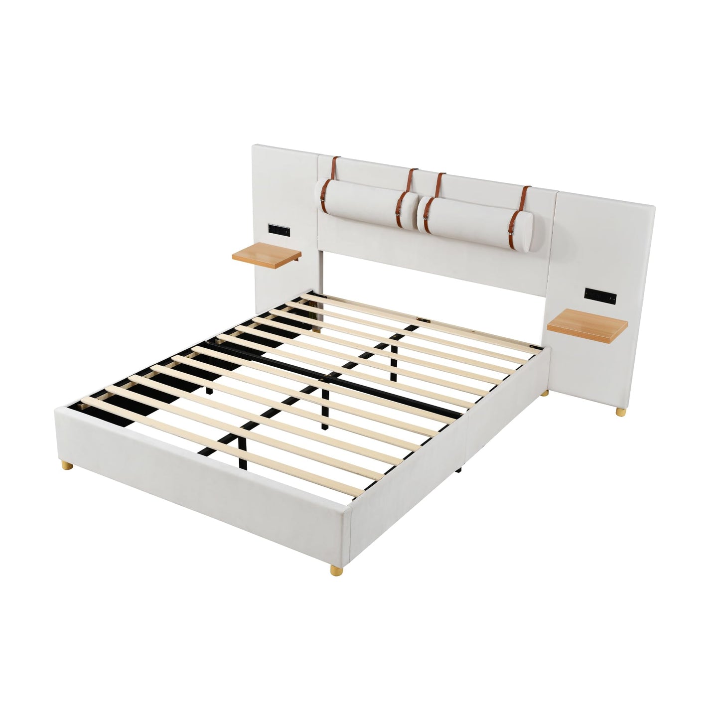 Ball & Cast Queen Upholstered Platform Bed with Oversized Soft Headboard,Wood Bedframe W/Integrated Storage Shelves,Power Outlet & USB Port on Both Sides,for Bedroom Guest Room Apartment,Beige Velvet