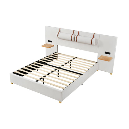 Ball & Cast Queen Upholstered Platform Bed with Oversized Soft Headboard,Wood Bedframe W/Integrated Storage Shelves,Power Outlet & USB Port on Both Sides,for Bedroom Guest Room Apartment,Beige Velvet