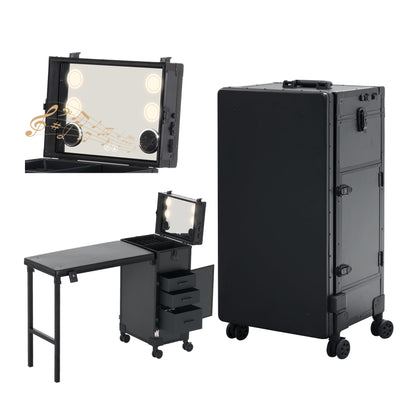 Portable Nail Desk for Nail Tech, Foldable Manicure Table with 3 Drawers & Mirror, Rolling Nail Table with Lockable Train Case, Nail Polish Organizer, Mobile Nail Tech Workstation with Wheels, Black