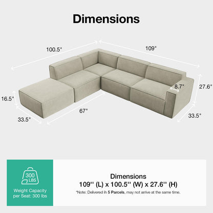 Novilla 109" Modular Sectional Sofa, No Assembly Cloud Sectional Couch with Smarts Coil® Support, Chenille Fabric L Shape Boneless Couch for Living Room Apartment, Beige (R-Arm 4 Seat w/ 1 Ottoman)