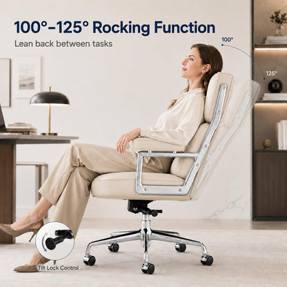 OTDMEL Home Office Chair with Top Grain Leather, Padded Armrests, Mid-Back Upholstered Executive Leather Desk Chair, Aluminum Frame, Adjustable Height, 360 Swivel, Rolling Wheels, 350lbs Capacity