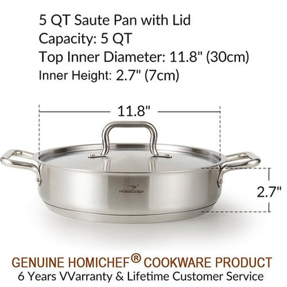 HOMICHEF Braiser Pan 5 Quart with Lid Nickel Free Stainless Steel - Matte Polished Deep Saute Pan Non Toxic - 5 Qt Braiser with Stainless Steel Lid Induction