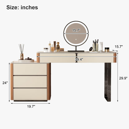 Lartis Faux Leather Makeup Vanity Desk Set with LED Lighted Mirror Luxury Dressing Makeup Table with Storage Drawers & Vanity Stool, Vanities (Brown/Gray)