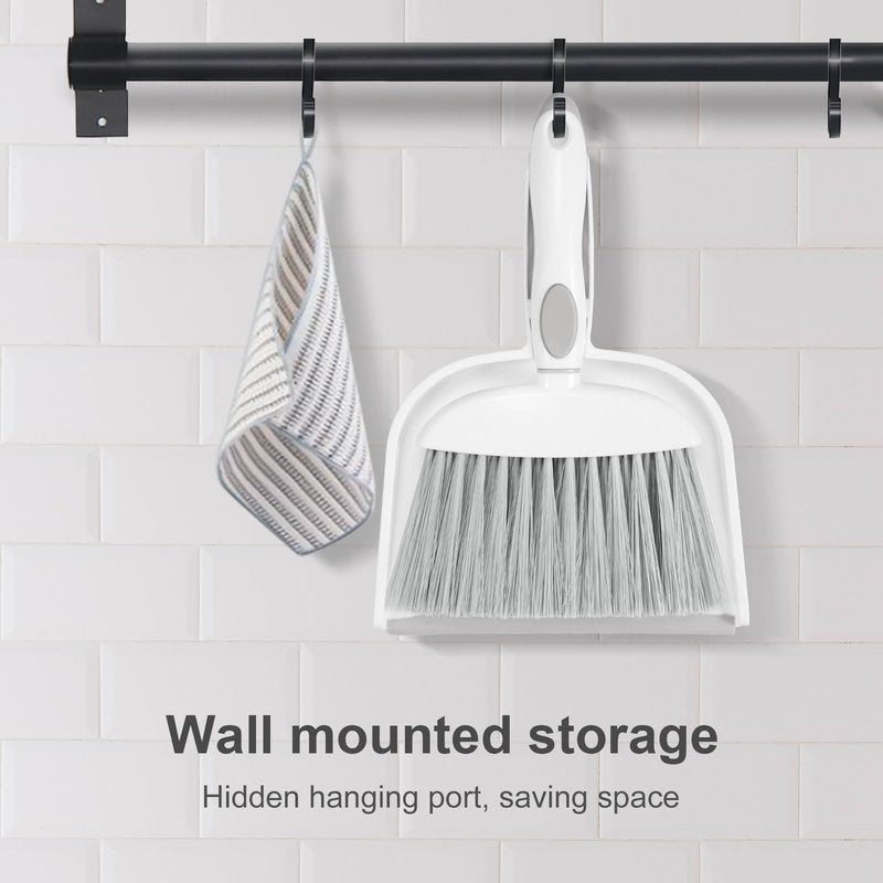 NACENA Small Dust Pan and Brush Set, Mini Broom and Dustpan Set Small Hand Broom and Brush Combo Dust Pan with Teeth for Home Cleaning Drawers Desktop Sofas and Outdoor, White & Gray