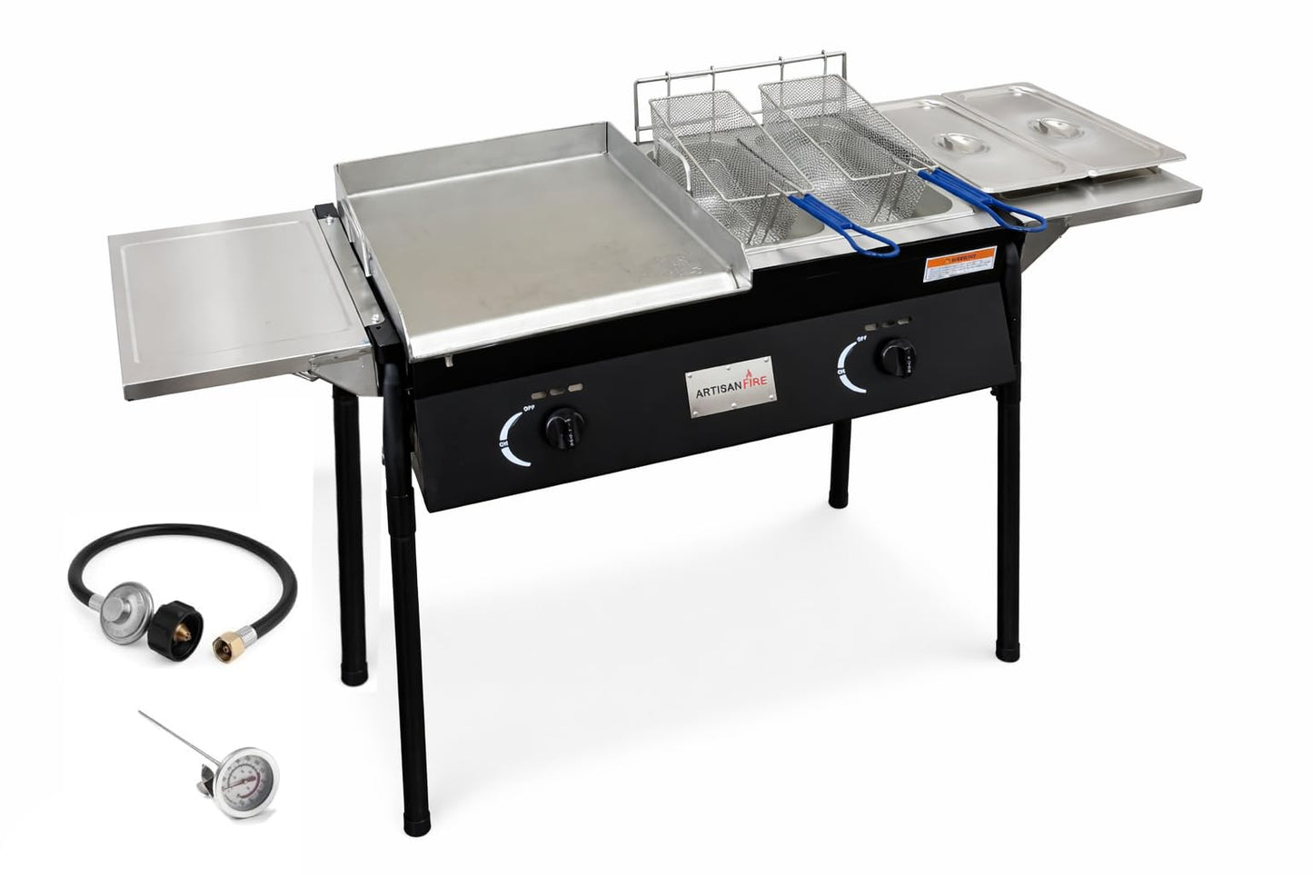 Stainless Steel Propane Deep Fryer and Griddle Grill-4 in 1-Deep Fryer-Steamers Food Warmers-Ideal for Burger Grill, Fries, and Chicken Wings Station-Taco Cart-With Hose & Regulator + Thermometer