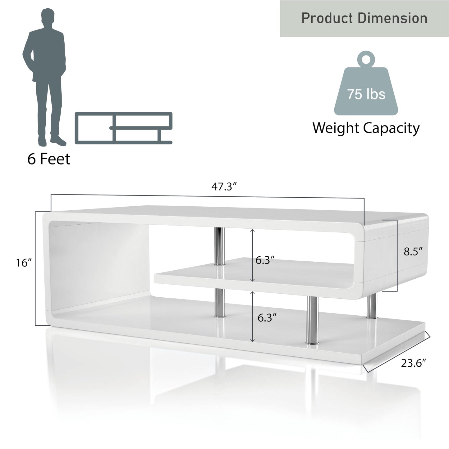 24/7 Shop At Home Vannie 47” Modern Rectangle Coffee Table, Contemporary Furniture, G-Shaped Open Shelf Storage For Living Room, Home Office, Bedroom, Gloss Coating, Round Edge, White