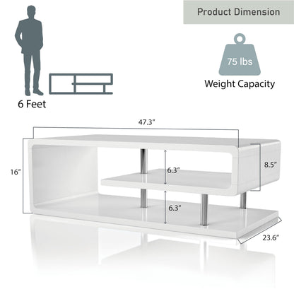 24/7 Shop At Home Vannie 47” Modern Rectangle Coffee Table, Contemporary Furniture, G-Shaped Open Shelf Storage For Living Room, Home Office, Bedroom, Gloss Coating, Round Edge, White