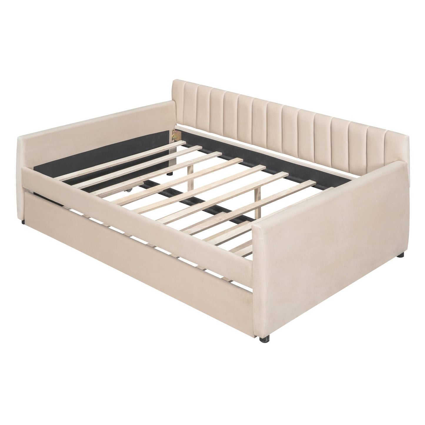Favfurish Velvet Upholstered Full Size Daybed with Trundle, Solid Wooden Sofa Bed Frame w/Vertical Stripes Designed Backrest and Pine Legs, No Box Spring Needed