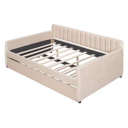 Favfurish Velvet Upholstered Full Size Daybed with Trundle, Solid Wooden Sofa Bed Frame w/Vertical Stripes Designed Backrest and Pine Legs, No Box Spring Needed