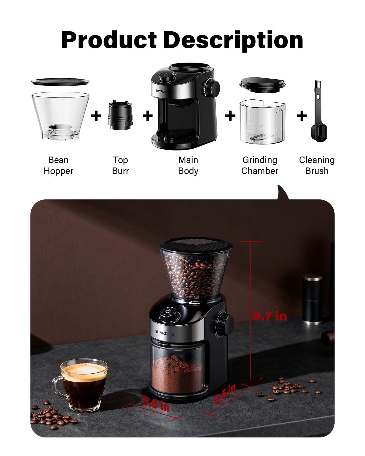 SHARDOR Burr Coffee Grinder Electric with 32 Grinding Sizes 3.0,Coffee Bean Grinder with 40 Seconds Adjustable Electronic Timer, Coffee Grinders for Home Use with Chamber Cleaning Button,Black