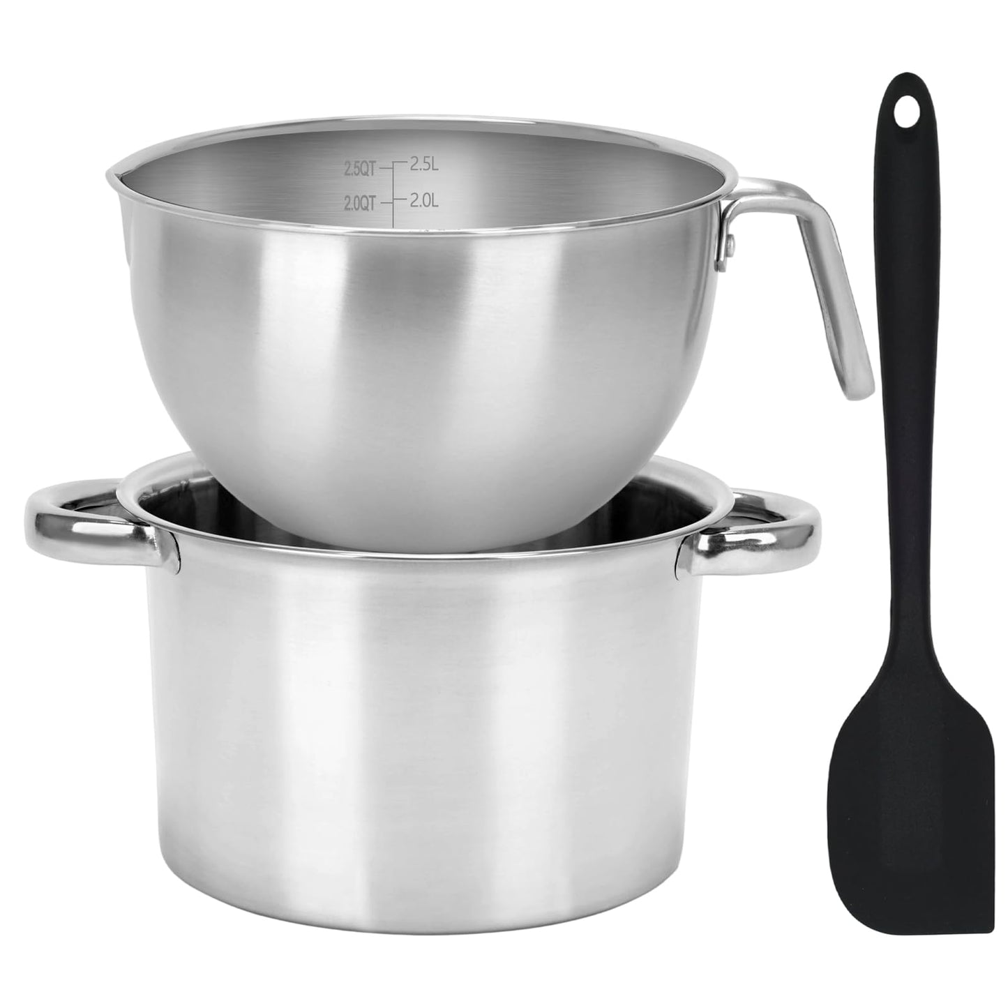 3PCS Double Boiler Pot Set, 2500ML/2.3QT Mixing Bowl with Scale 4000ML/ 3.6QT Stainless Steel Heating Pot with Silicone Spatula for Cheese Chocolate Candy Candle Soap Wax Melting (2500ml+4000ml)