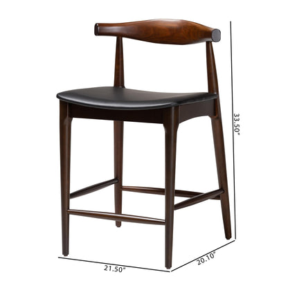 Baxton Studio Eira Counter Stool Set of 2- Walnut Wood Frame Counter-Height Chair with Curved Backrest and Black Faux Leather Seat, Mid-Century Modern Kitchen Island Seating