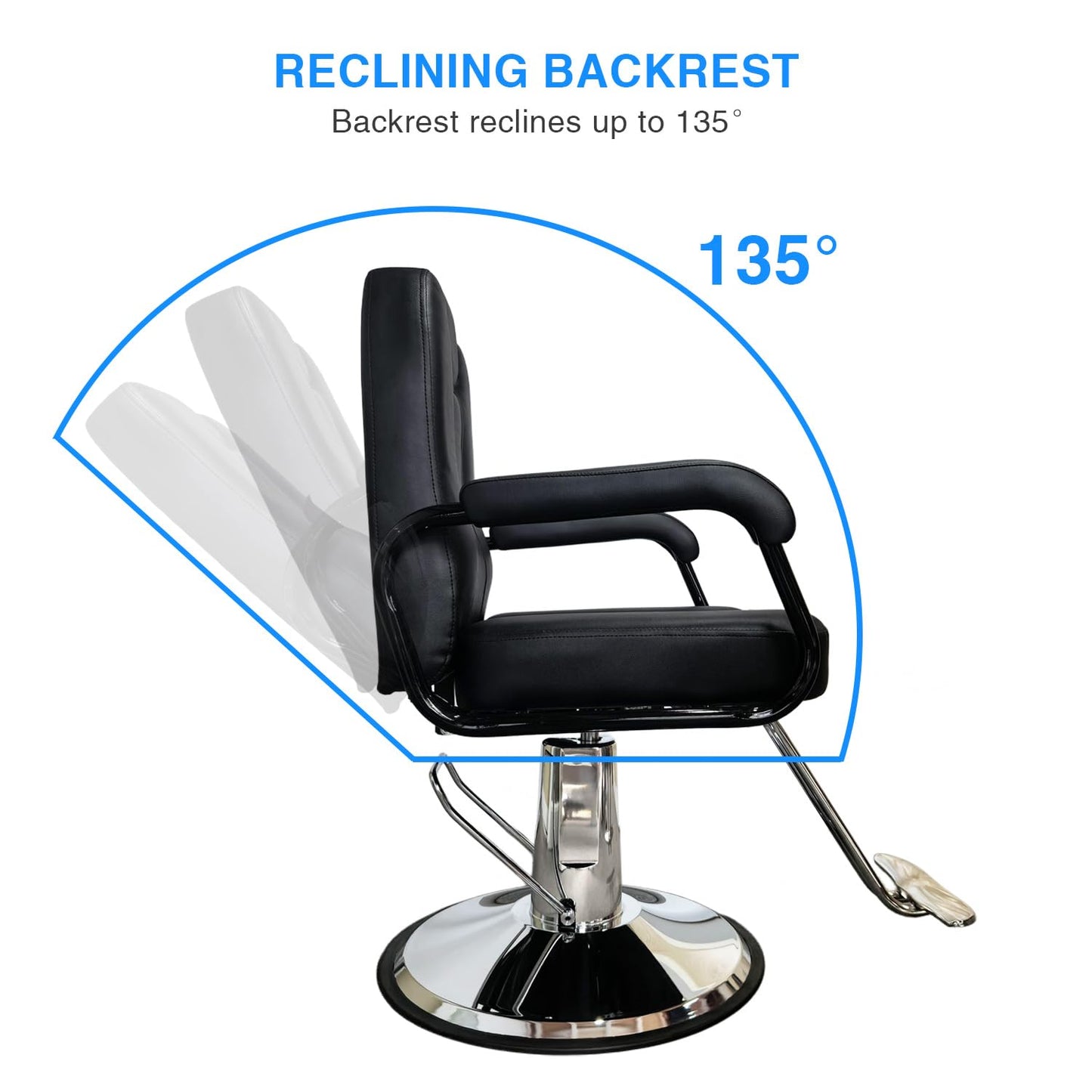VLNOTY Barber Chair for Hair Stylist with Heavy Duty Hydraulic Pump, Adjustable Height, 135° Reclining Backrest, 360° Swivel, Chrome Base, Black Leather