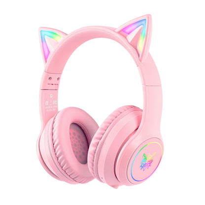 SIMGAL Pink Bluetooth Cat Ear Headphones for Kids & Adults, Wireless & Wired Mode Foldable Headset with Mic - Clear Sound Quality - RGB LED Light, for Girls School Gaming, for Phone/Laptop/PC/Tablet