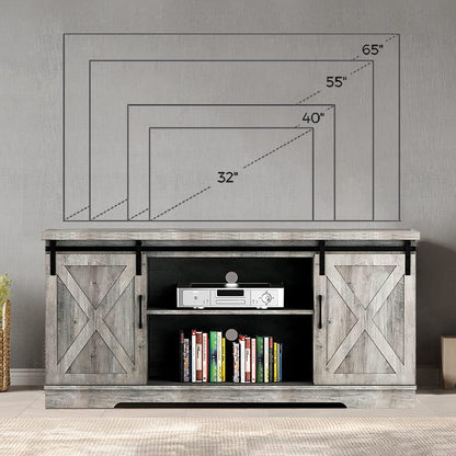IDEALHOUSE Farmhouse TV Stand, Entertainment Center for 65 Inch TV Media Console Cabinet, White Barn Doors TV Stand with Storage and Shelves, Modern TV Console Table Furniture for Livingroom (Gray)