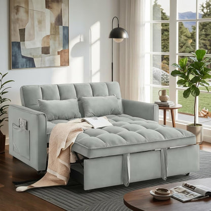 Trygoal Convertible Sofa Bed, Pull Out Couch with Side Pockets, 3 in 1 Velvet Fabric Loveseat Sleeper Sofa Bed, Pull Out Couch with Adjustable Backrest for Living Room, Bedroom, Apartment, Light Gray