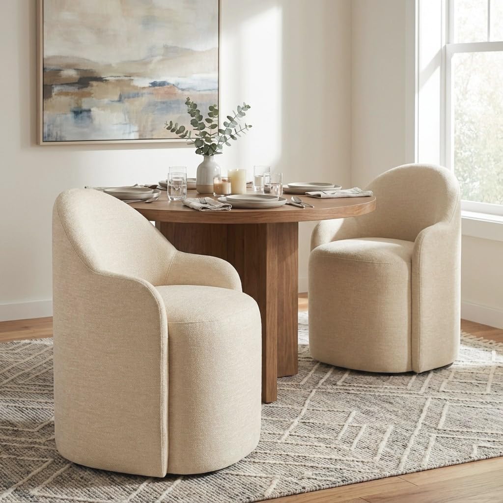 KISLOT Upholstered Dining Chairs with Casters, No Assembly Modern Dining Room Chairs Accent Vanity Chair with 5 Wheels & Round Backrest for Bedroom, Living Room, Dressing, Sand Fabric, Set of 4