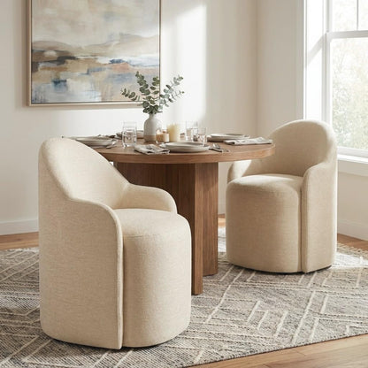 KISLOT Upholstered Dining Chairs with Casters, No Assembly Modern Dining Room Chairs Accent Vanity Chair with 5 Wheels & Round Backrest for Bedroom, Living Room, Dressing, Sand Fabric, Set of 4