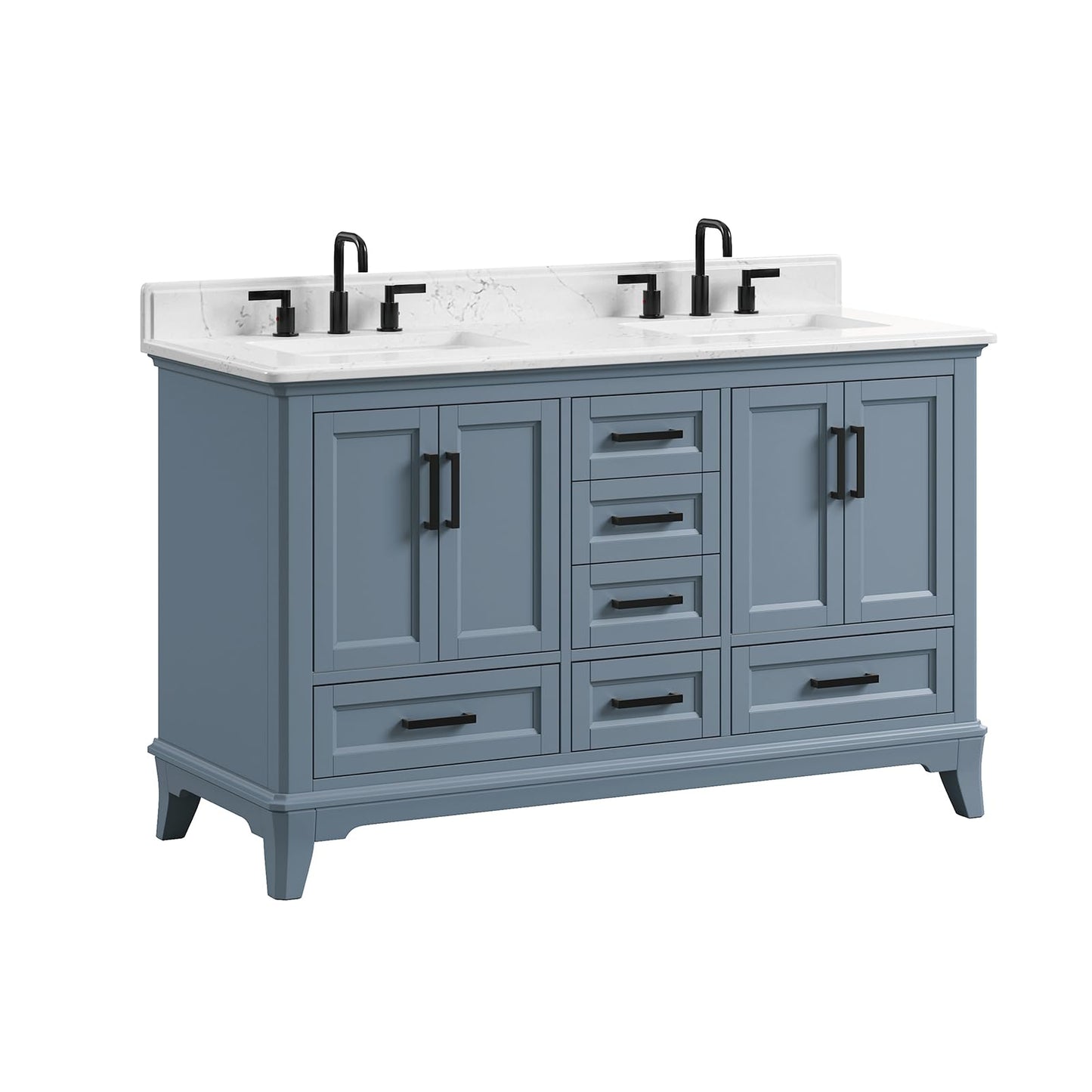 DELUXE LIVING 60 Inch Bathroom Vanity Double Sink, Fully Assembled Solid Wood Frame Double Sink Bathroom Vanity with Soft Closing Doors & Full Extension Dovetail Drawers, Quartz Top, Steel Blue