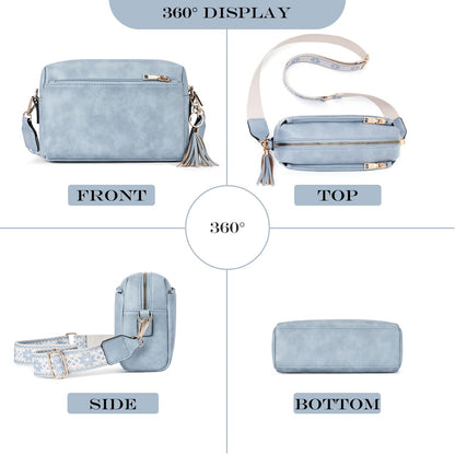 Roulens Triple Zip Small Crossbody Bag for women,Wide Strap Cell Phone Purse Shoulder Handbag Wallet with Credit Card Slots