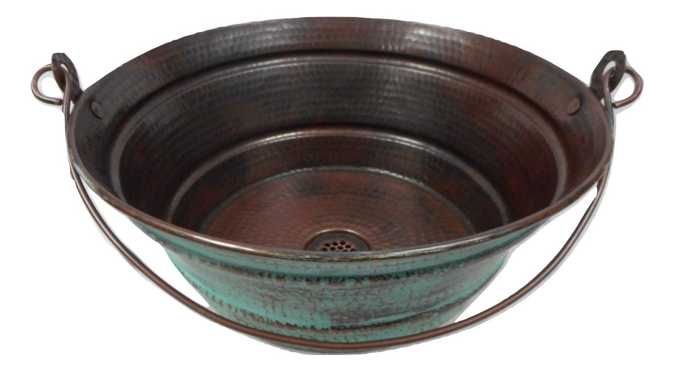 Simply Copper15" Round Copper Bucket Vessel Sink with Green Patina, Grid Drain, and 13" Clayborne ORB Faucet