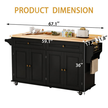 JassmiPkwy 67’’ Movable Kitchen Island with Drop Leaf and Power Outlet, Lockable Sliding Countertop Rolling Island Cart with 2 Large Drawers, Spice, Towel Rack,Black