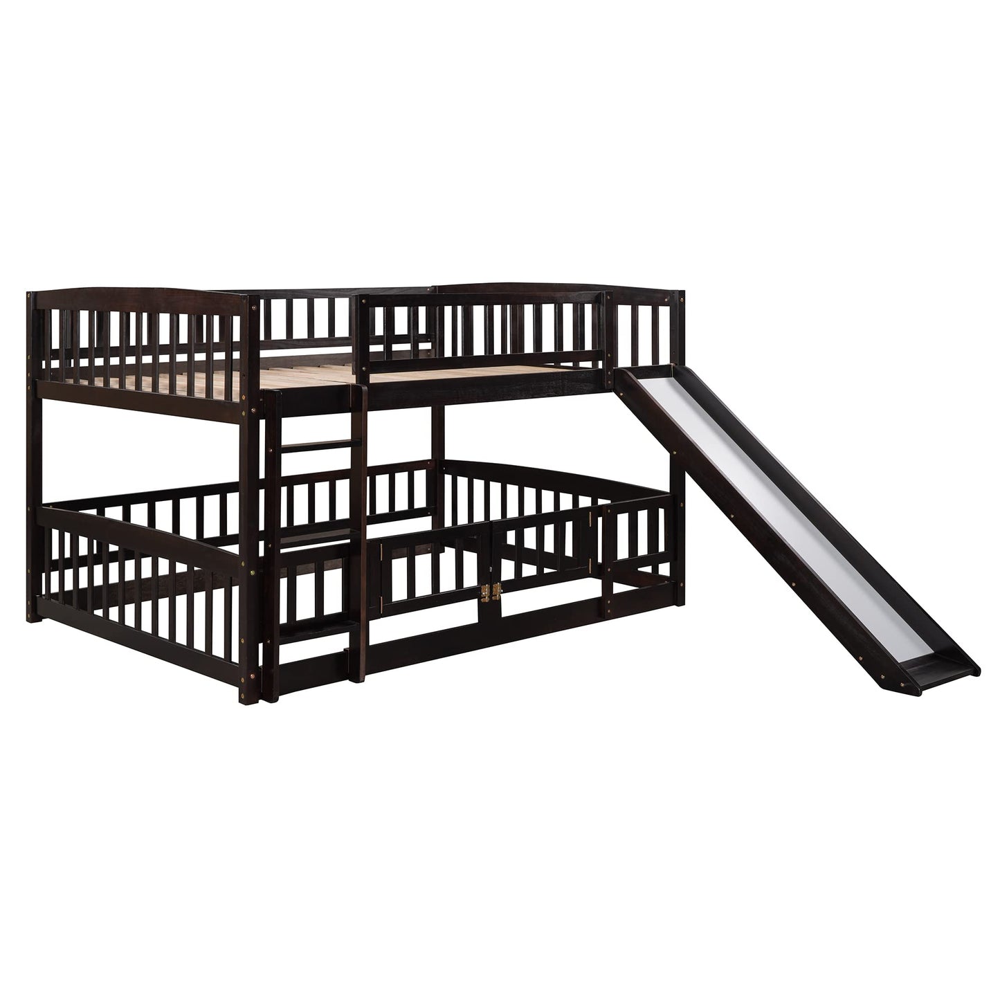 Bellemave Bunk Bed Full Over Full with Slide and Stairs, Bunk Bed for Kids, Girls, Boys, Floor Bunk beds with Fence and Door, Espresso