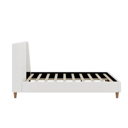 Merax Solid Wood Queen Size Boucle Bed Frame with Wingback Headboard, Modern Upholstered Platform with Walnut Wooden Legs, Strong Wooden Slats, No Box Spring Needed, Easy Assembly, Noise-Free, Ivory