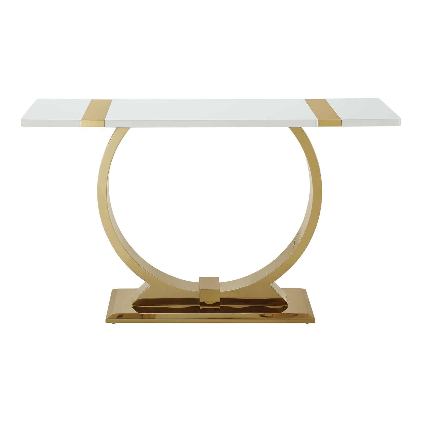 Furniture of America Wellit Glam Wood 50-inch White Sofa Table with O-Shaped Stainless Steel Trestle Base for Living Room, Gold
