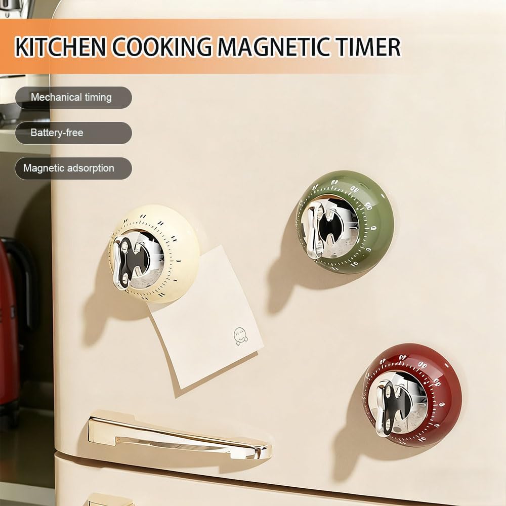 Retro Mechanical Kitchen Timer, Red, 60-Minute Countdown with Magnetic Back, Wind-Up Design, Loud Alarm for Cooking, Home Use (red and Plastic Material)