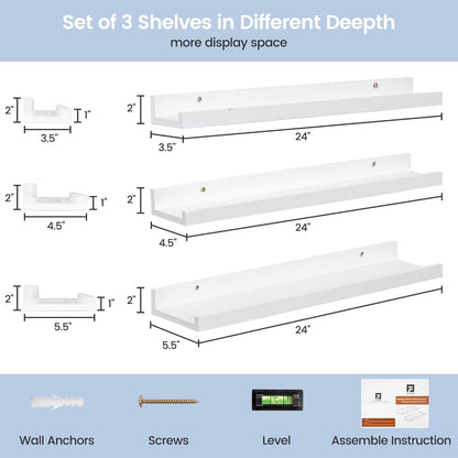 24 inches 3 Packs, Picture Ledge Shelf for Wall, Solid Pine Wood Nursery Book Shelves Floating Ledge Shelves for Kids'