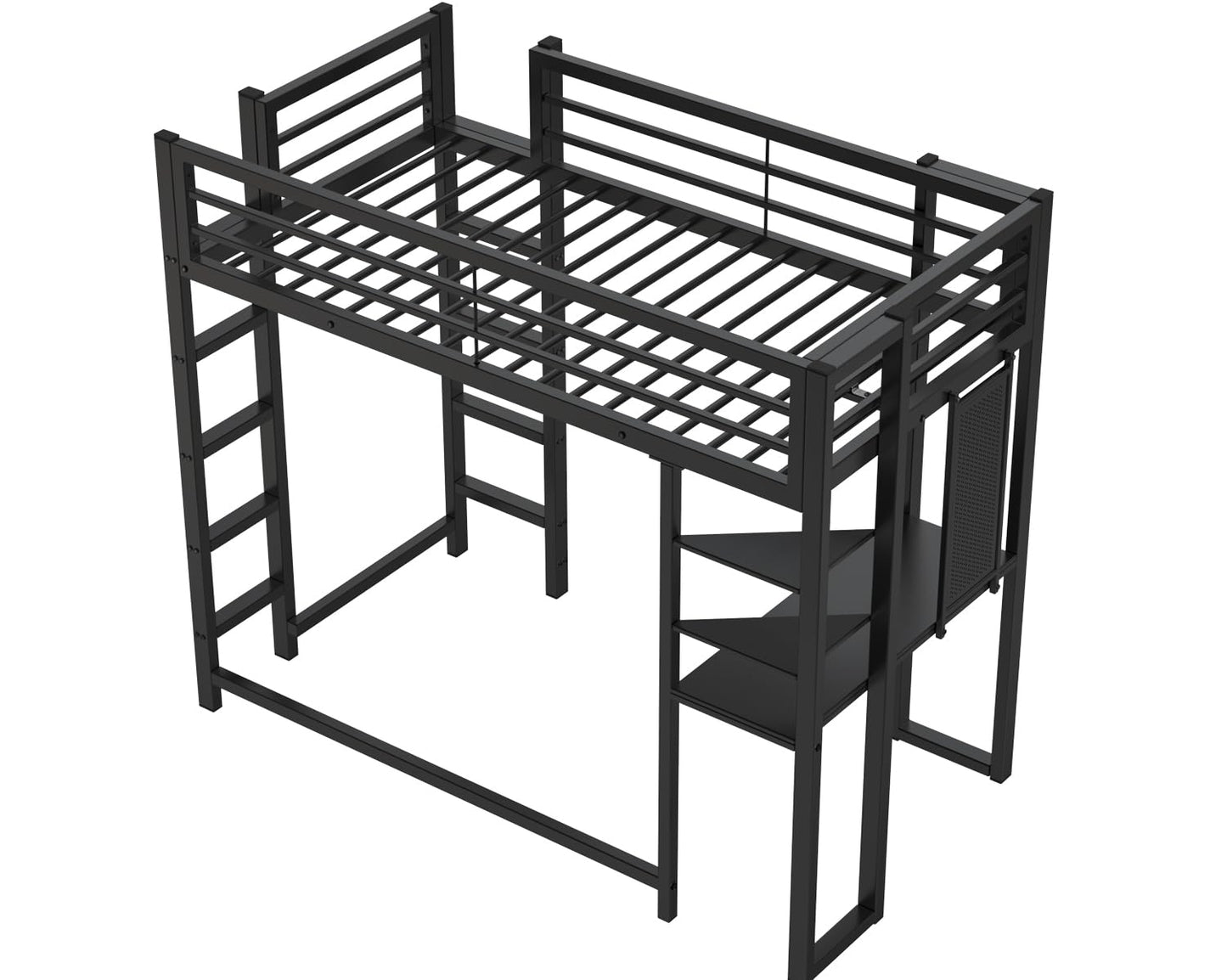 KEIKI Twin Size Loft Bed with Desk, 2 Side Ladders, Storage Shelves, Safety Guardrail, No Box Spring Needed, Space-Saving Metal Loft Bed Frame for Kids/Teens/Adults