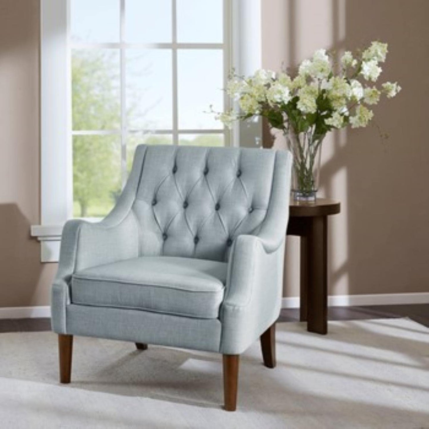 Madison Park Accent Chair for Living Room, Upholstered Button Tufted Back, Removable 5.75" T Seat Cushion, Solid Wood Legs, Modern Accent Armchair Family Room Furniture, Bedroom Chair, 29.25" W Blue