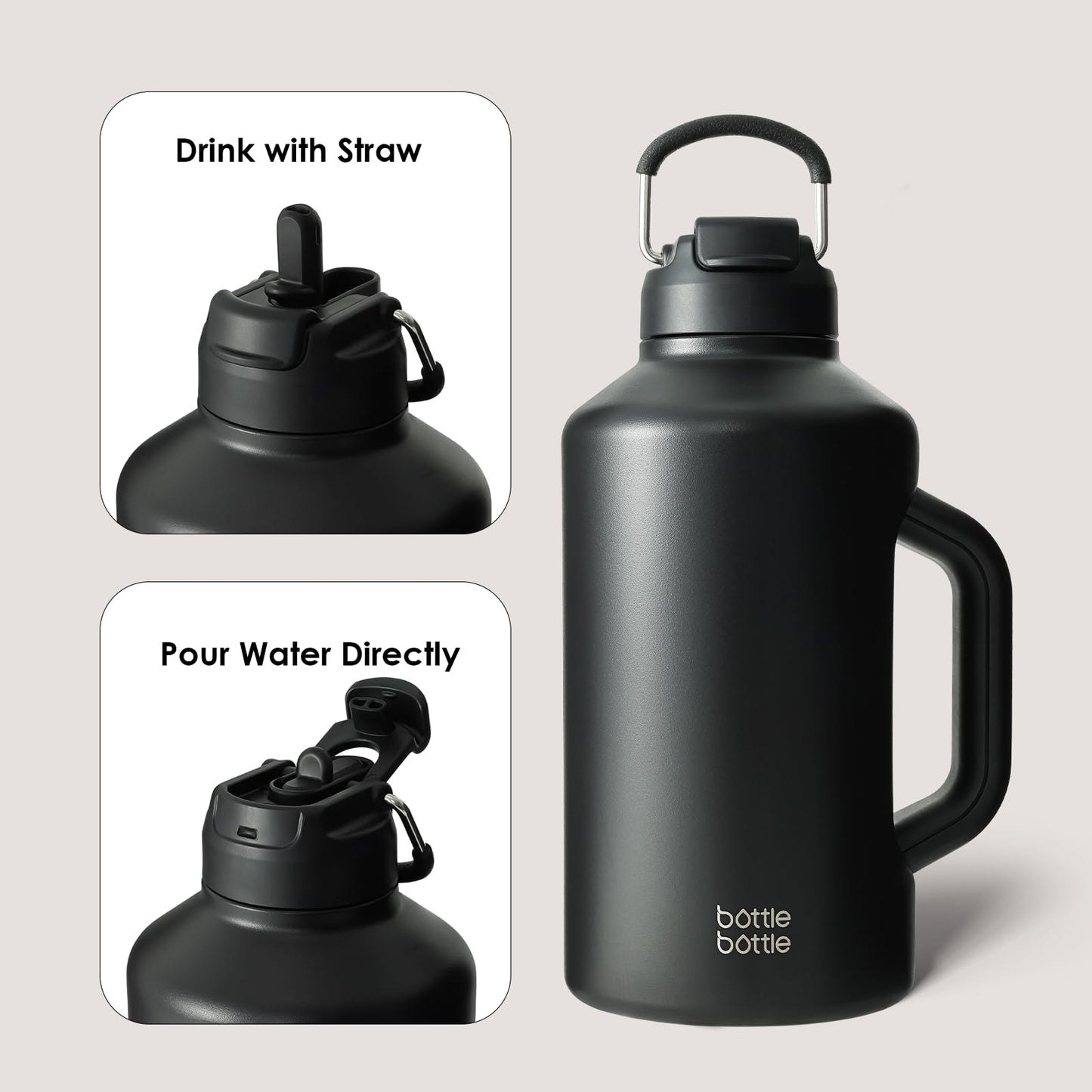 BOTTLE BOTTLE Insulated Water Bottle 64 oz with Straw and Dual-use Lid Half Gallon Jug for Men with Handle Vacuum Stainless Steel water bottle for Workout and Sports black