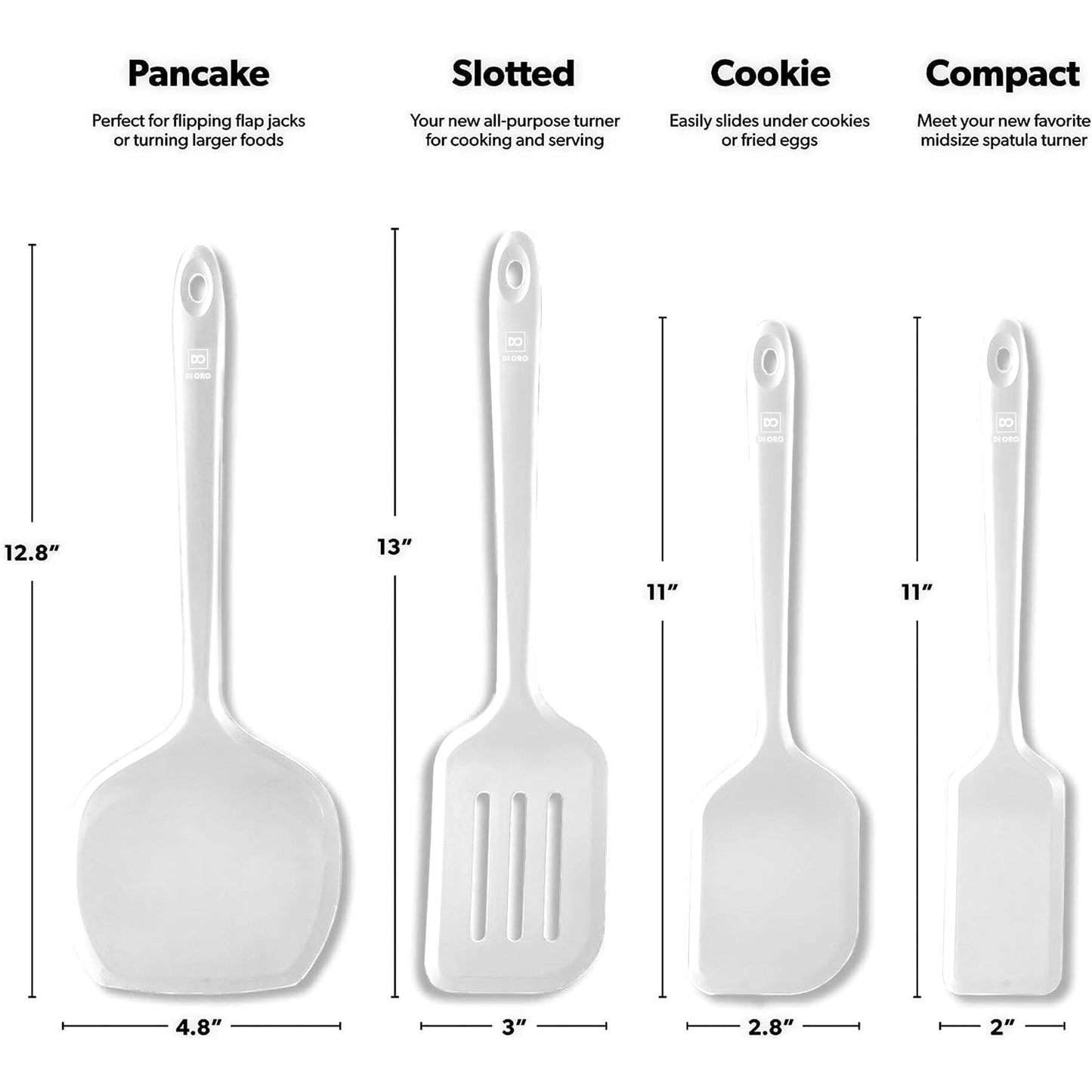 New DI ORO Seamless Series Moda 4-Piece Silicone Turner Spatula Set - 600°F Heat-Resistant Flexible Kitchen Spatulas for Nonstick Cookware - Flippers for Eggs & Pancakes - Utensils for Cooking (Stone)