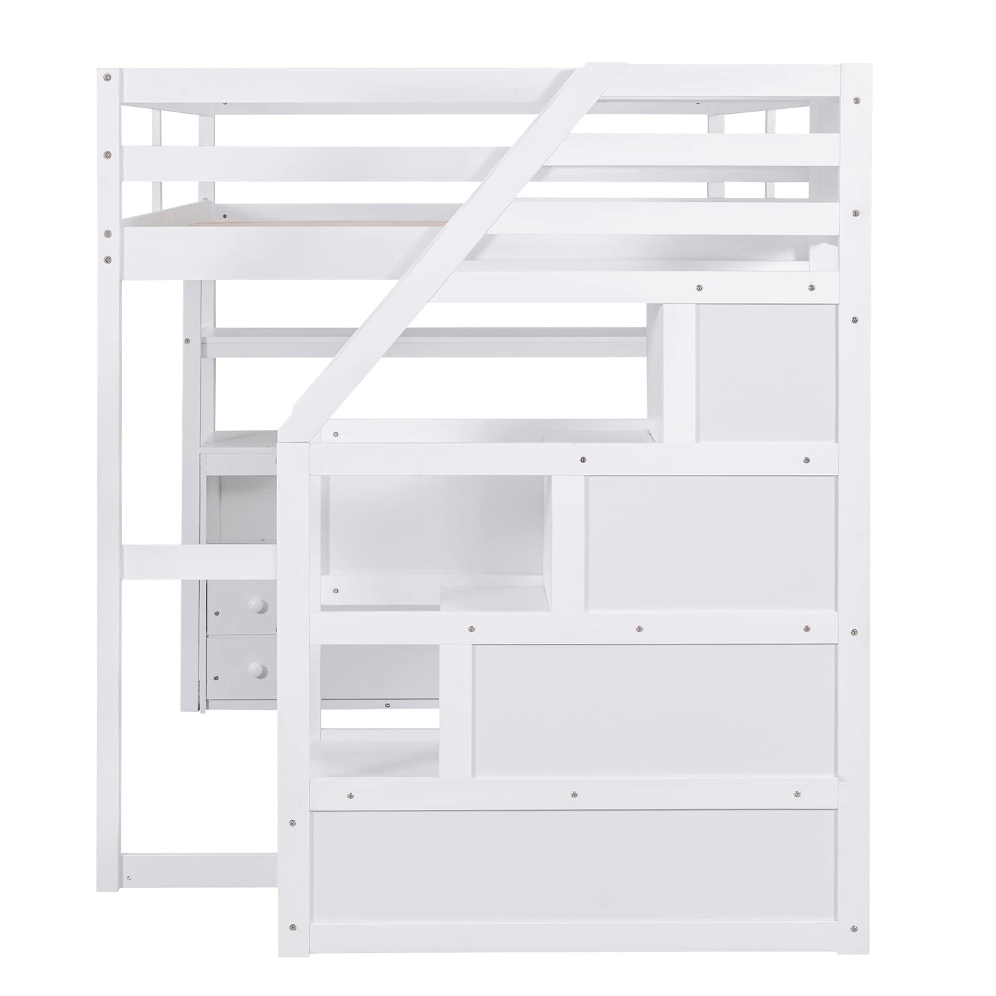 Brisca Full Size Loft Bed with Desk and Shelves,Multifunctionl Bedroom Bed Frame w/Two Built-in Drawers & Storage Staircase,Solid Wood Slats Support,for Kid Adult Boy Girl Teens,White