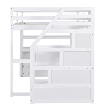 Brisca Full Size Loft Bed with Desk and Shelves,Multifunctionl Bedroom Bed Frame w/Two Built-in Drawers & Storage Staircase,Solid Wood Slats Support,for Kid Adult Boy Girl Teens,White