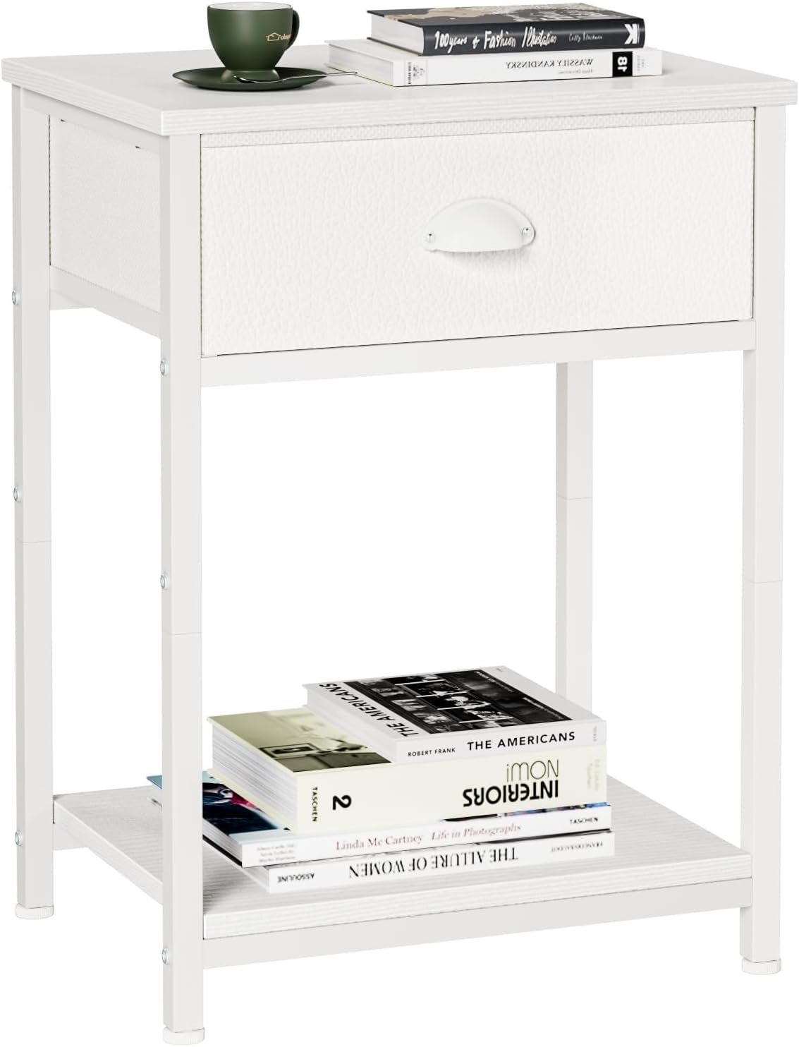 2 Furologee White Nightstand with Fabric Drawer, Small Side Table for Small Spaces, Tiers Storage Shelves End Table