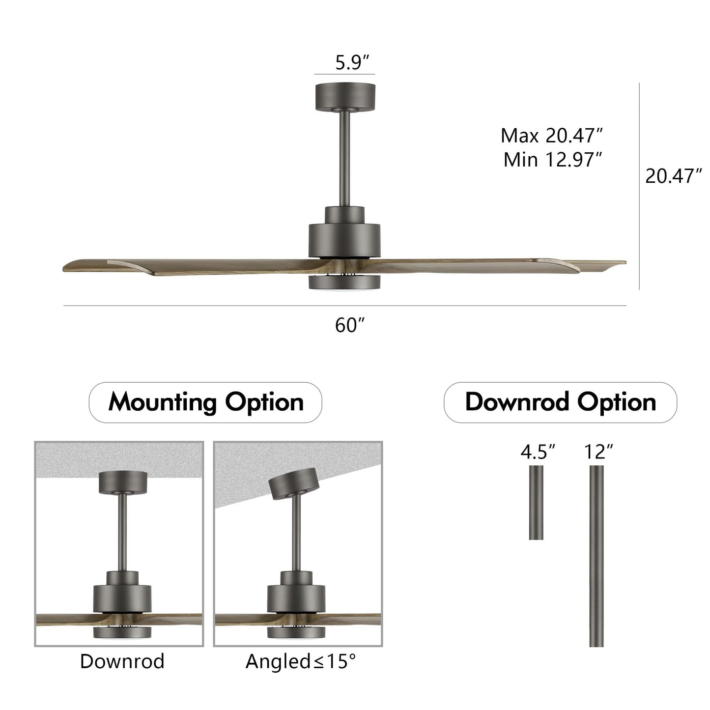 ELEHINSER 60" Modern Ceiling Fan with Light and Remote Control, 5 Solid Wood Blades 6-Speed Noiseless Reversible DC Motor, Ceiling Fan for Kitchen Dinning Living Room, Charcoal Finish with Wood Blades