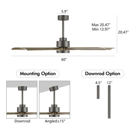 ELEHINSER 60" Modern Ceiling Fan with Light and Remote Control, 5 Solid Wood Blades 6-Speed Noiseless Reversible DC Motor, Ceiling Fan for Kitchen Dinning Living Room, Charcoal Finish with Wood Blades