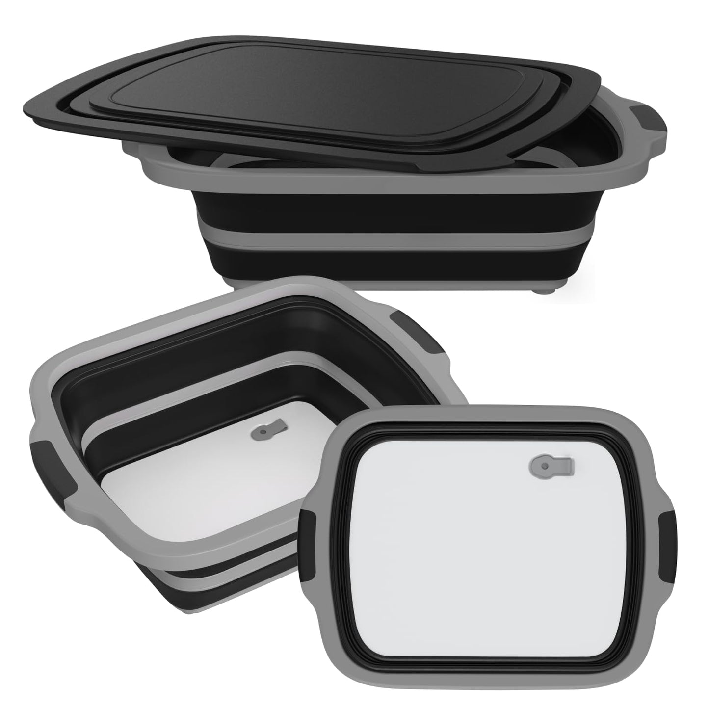 2-Pack XL Collapsible BBQ Prep Tub with Built-In Cutting Board, Lid & Strainer – Marinate, Drain & Prep – Large Food-Safe Container – Perfect for Grilling, Smoking & Outdoor Cooking