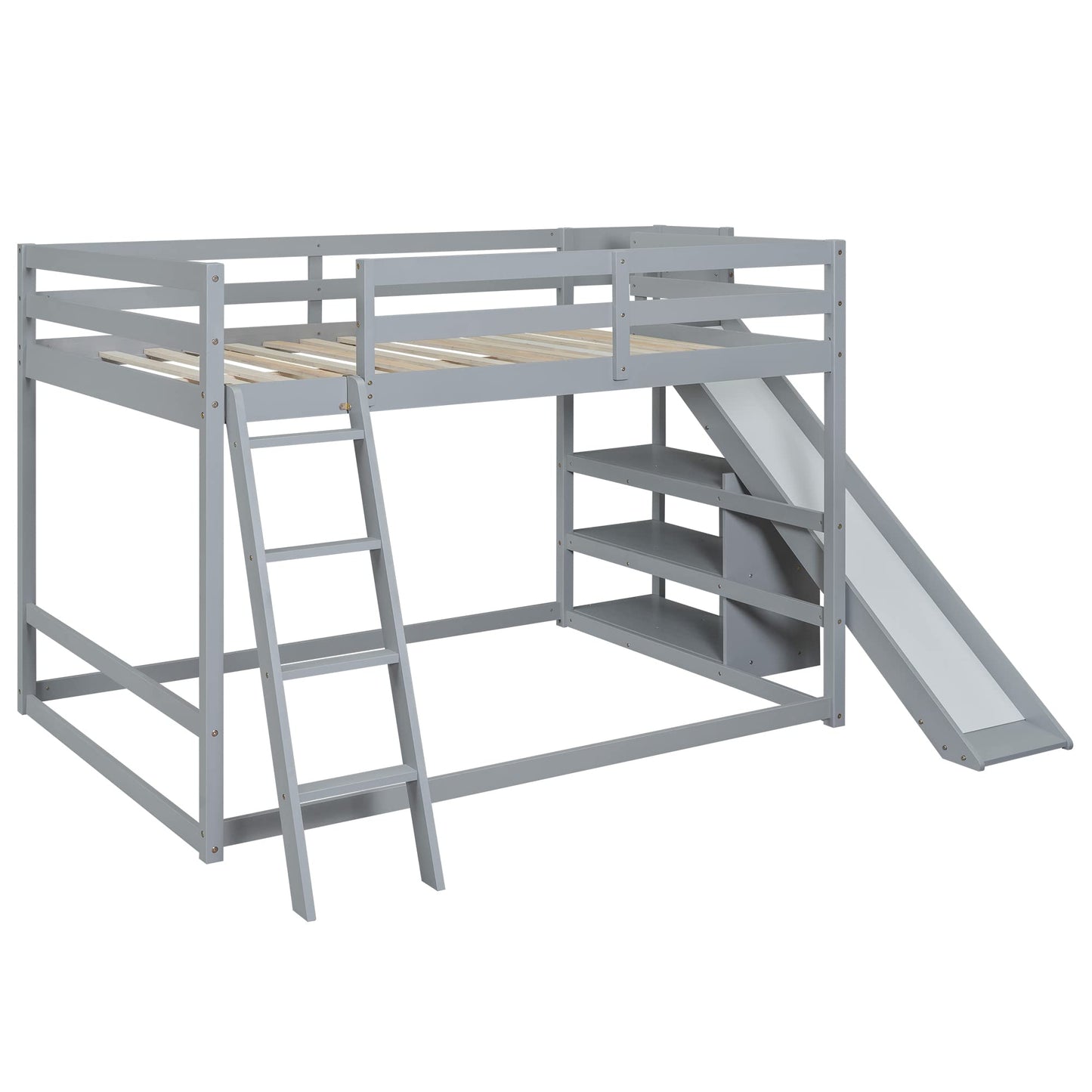 Merax Modern Full Over Full Wood Bunk Bed with Ladders and Slide, Floor Bunk Bed Frame with Storage Shelves, No Box Spring Needed, Space-Saving Grey